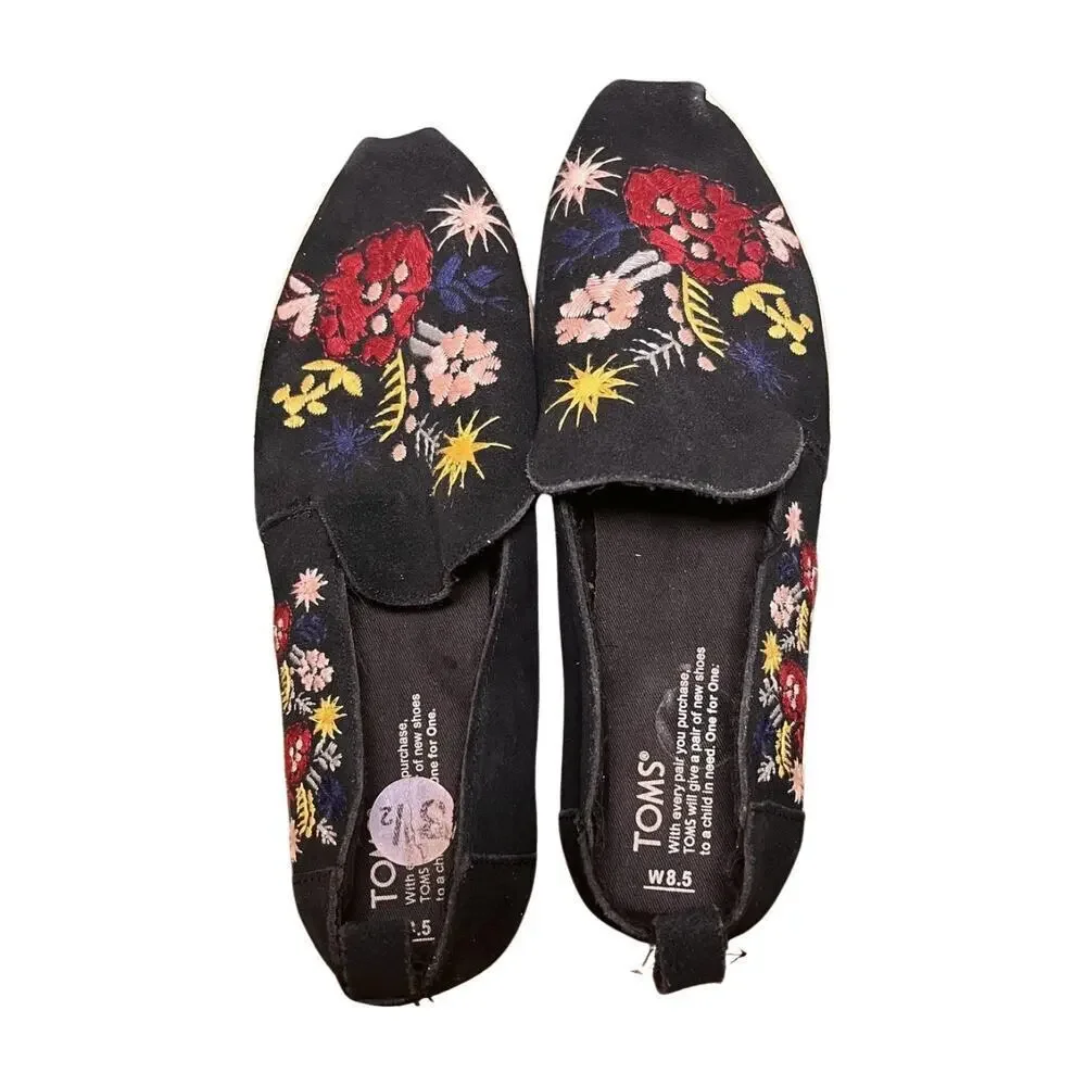 TOMS Alpargata Black Suede Floral Embroidered Slip On Flats Size 8.5 Boho